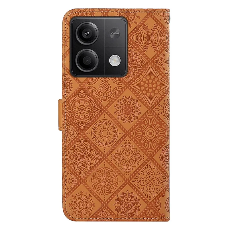 For Xiaomi Redmi Note 13 5G Phone Case Ethnic Style Imprinted Flower Pattern Leather Cover - Brown