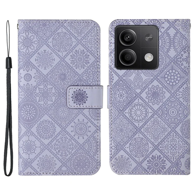 For Xiaomi Redmi Note 13 5G Phone Case Ethnic Style Imprinted Flower Pattern Leather Cover - Purple
