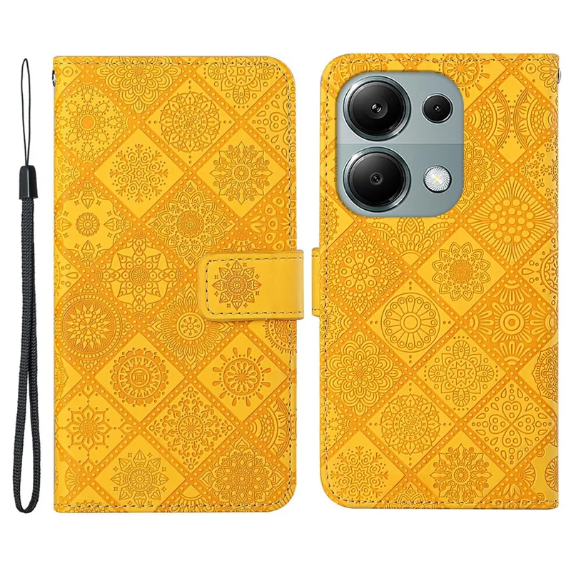For Xiaomi Redmi Note 13 Pro 4G / Poco M6 Pro 4G Phone Case Ethnic Style Flower Imprinted Leather Flip Cover - Yellow