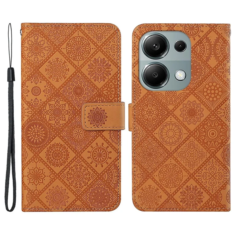 For Xiaomi Redmi Note 13 Pro 4G / Poco M6 Pro 4G Phone Case Ethnic Style Flower Imprinted Leather Flip Cover - Brown