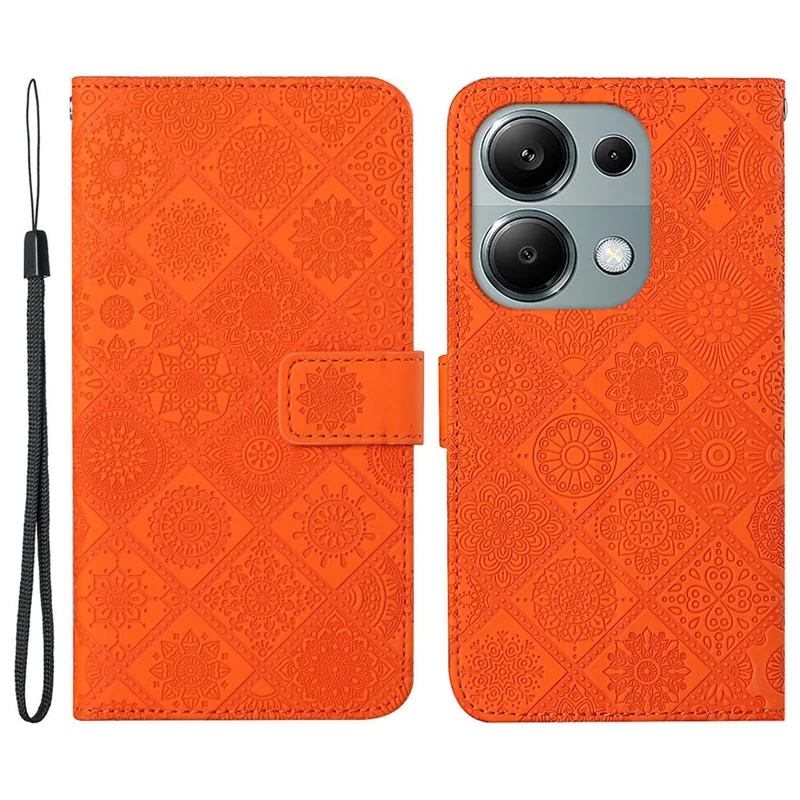 For Xiaomi Redmi Note 13 Pro 4G / Poco M6 Pro 4G Phone Case Ethnic Style Flower Imprinted Leather Flip Cover - Orange