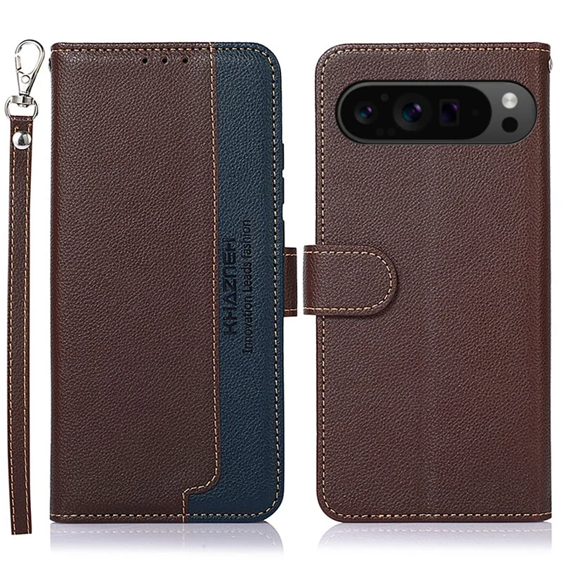KHAZNEH For Google Pixel 10 Pro XL / 9 Pro XL Case RFID Blocking Leather Litchi Texture Phone Cover - Brown