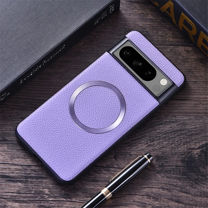 For Google Pixel 8 Pro Magnetic Phone Case Litchi Texture PU Leather Coated TPU Cover - Purple