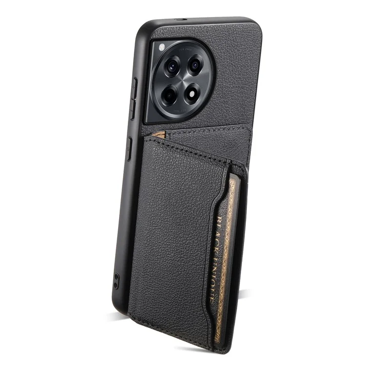 For OnePlus Ace 3 5G / 12R 5G Case Card Slots Leather Coated PC+TPU Kickstand Phone Cover - Black