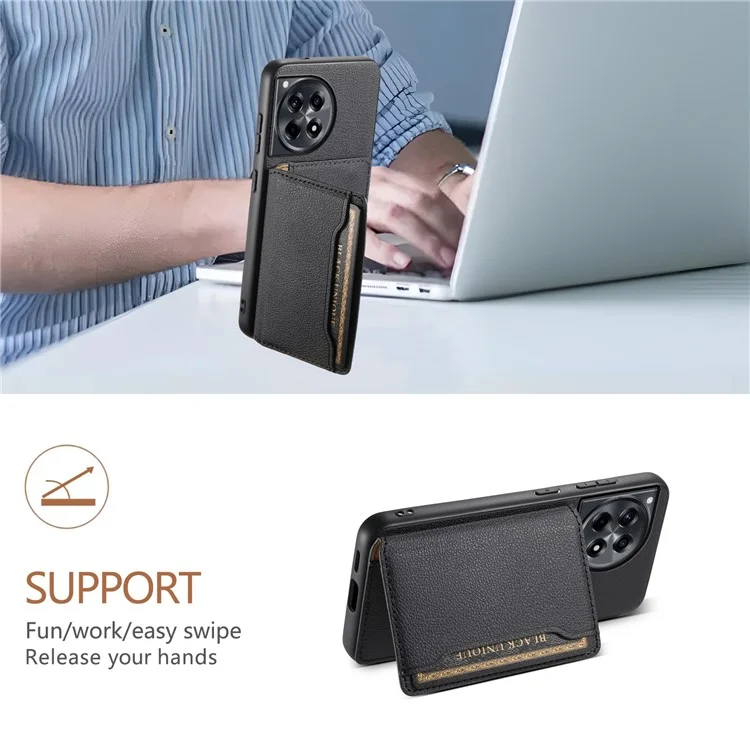 For OnePlus Ace 3 5G / 12R 5G Case Card Slots Leather Coated PC+TPU Kickstand Phone Cover - Black