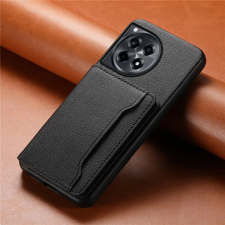 For OnePlus Ace 3 5G / 12R 5G Case Card Slots Leather Coated PC+TPU Kickstand Phone Cover - Black