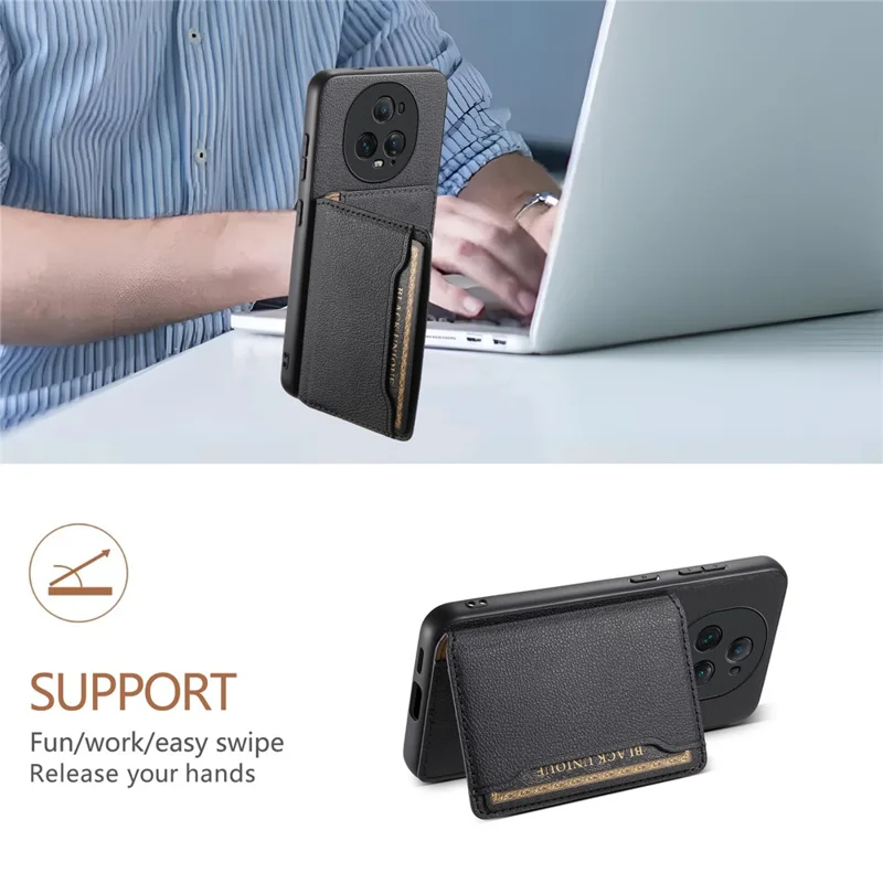 For Honor Magic5 Ultimate 5G Case Card Slots Kickstand Leather Coated PC+TPU Phone Cover - Black