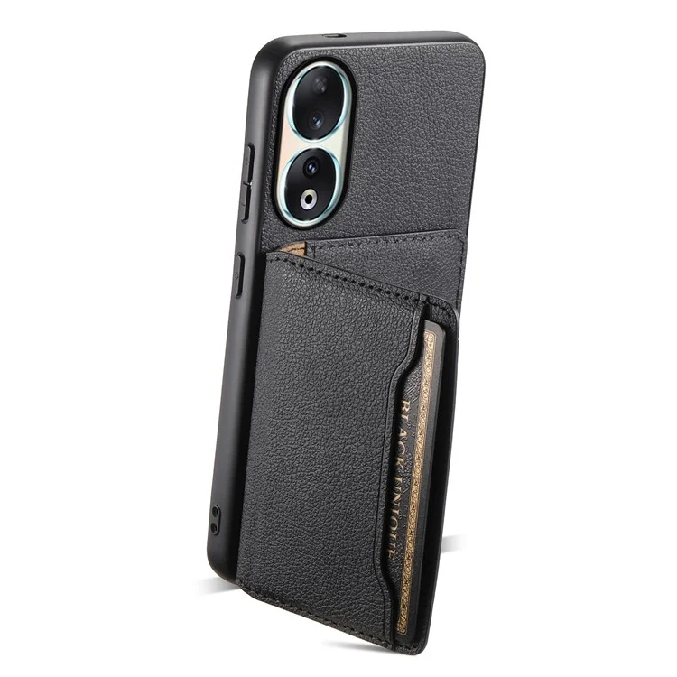 For Honor 90 Case PU Leather Kickstand Protective Phone Back Cover - Black