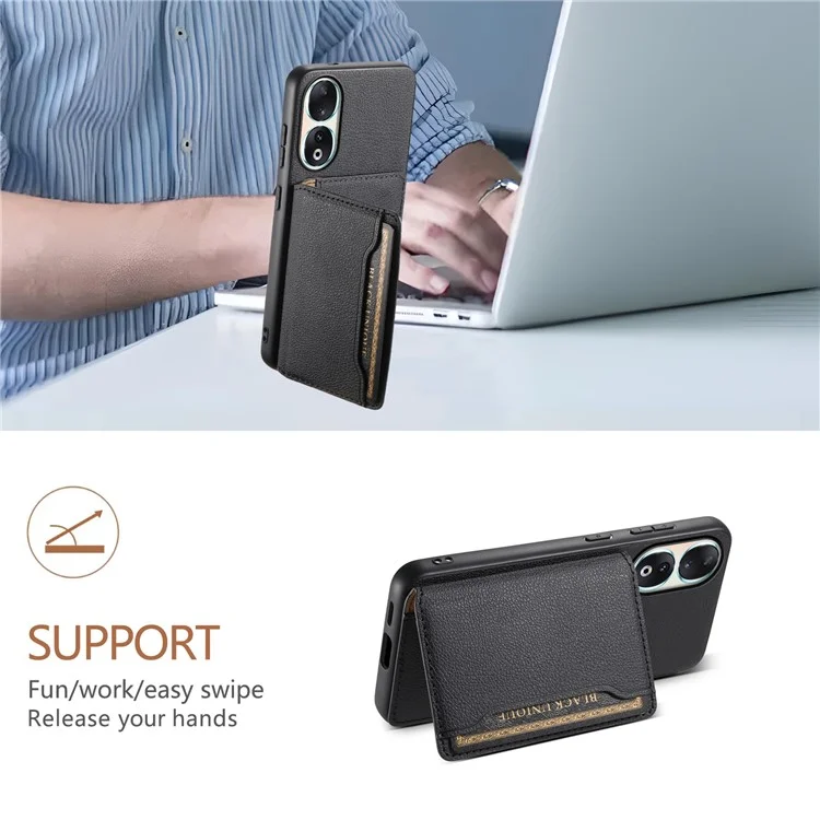 For Honor 90 Case PU Leather Kickstand Protective Phone Back Cover - Black