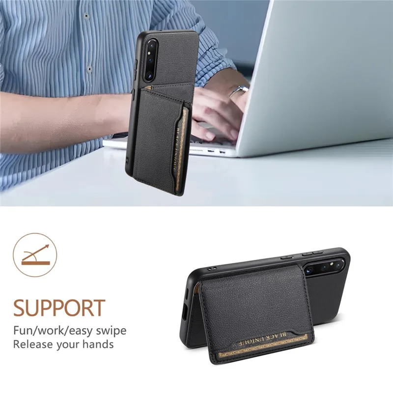 For Sony Xperia 1 V Kickstand Case Leather+PC+TPU Anti-scratch Mobile Phone Cover - Black