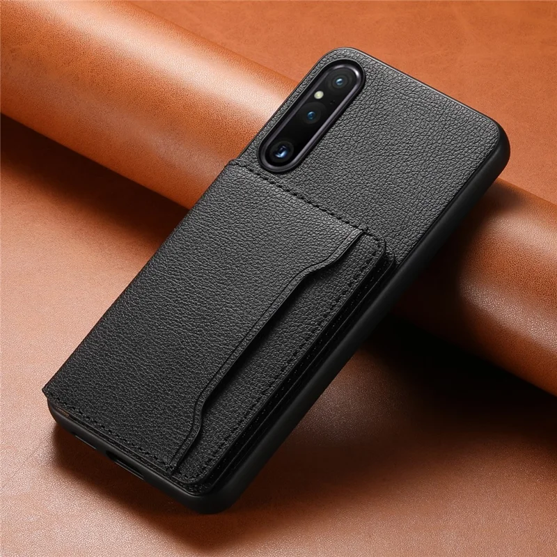 For Sony Xperia 1 V Kickstand Case Leather+PC+TPU Anti-scratch Mobile Phone Cover - Black
