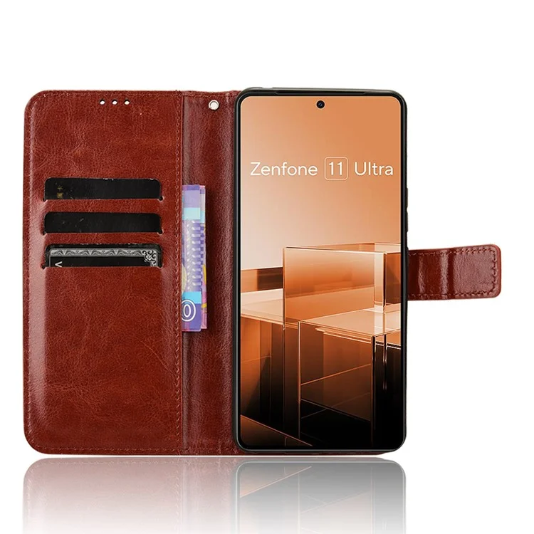 Pour Asus Zenfone 11 Ultra 5G Étui Texture de cheval fou Étui de téléphone anti-rayures avec support pliable - Marron