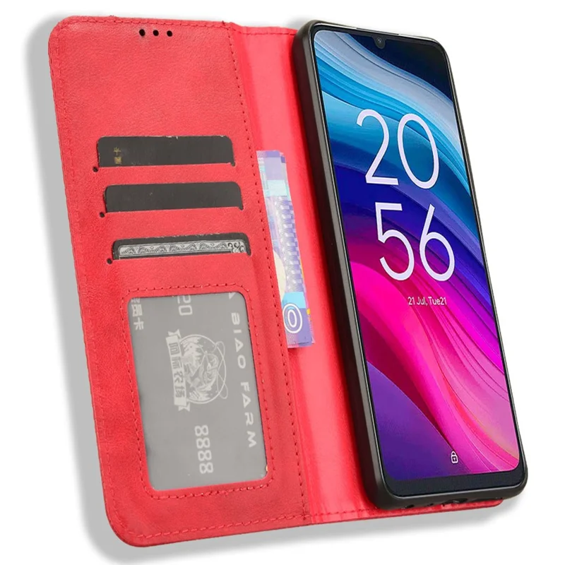 For TCL 505 T509K T5094 Case Retro Leather Magnetic Closure Flip Phone Cover - Red