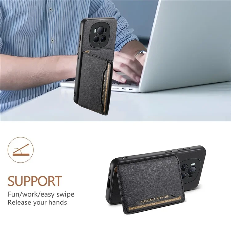 For Honor Magic6 Pro 5G Case Kickstand Drop-proof Leather Coated PC+TPU Back Phone Cover - Nero