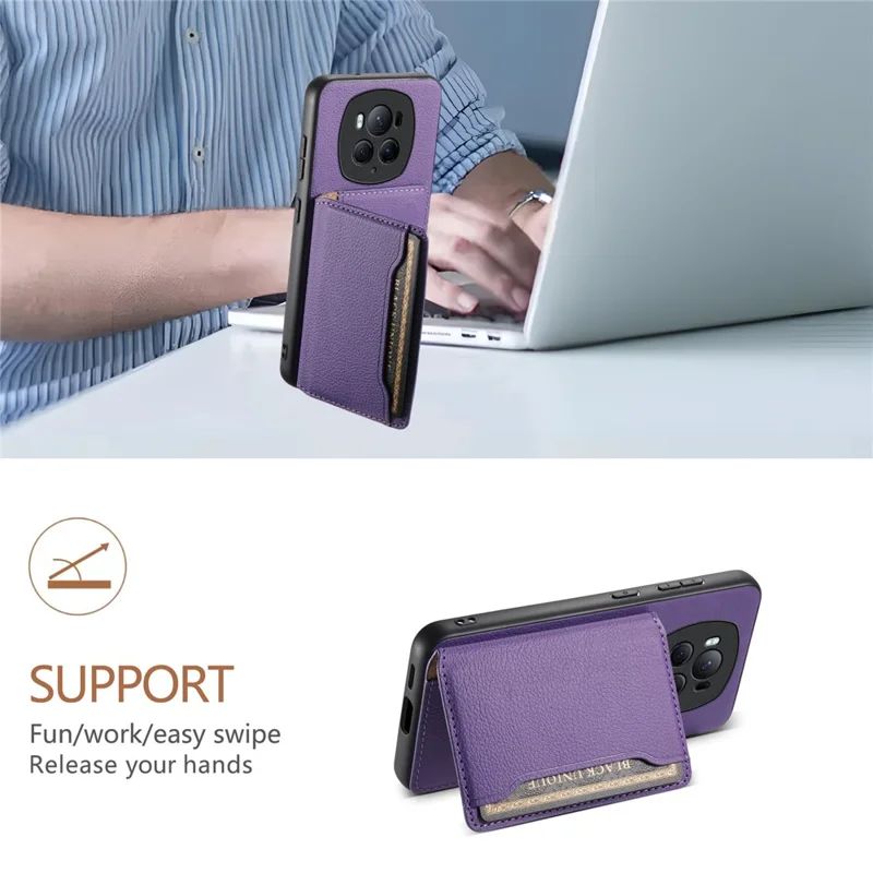 For Honor Magic6 Pro 5G Case Kickstand Drop-proof Leather Coated PC+TPU Back Phone Cover - Purple