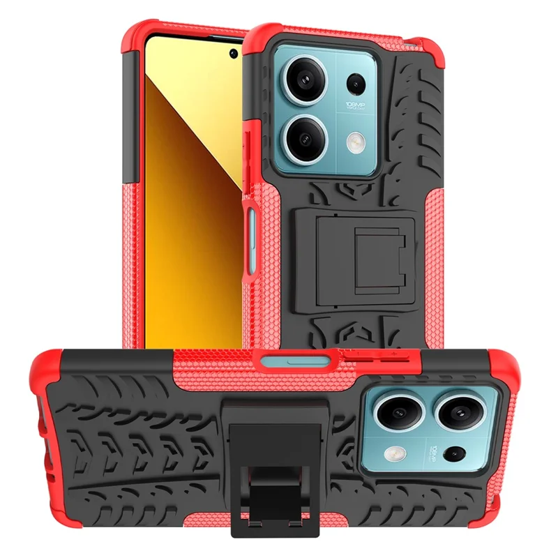 For Xiaomi Redmi Note 13 5G Tyre Pattern Case Kickstand PC+TPU Non-slip Phone Cover - Red
