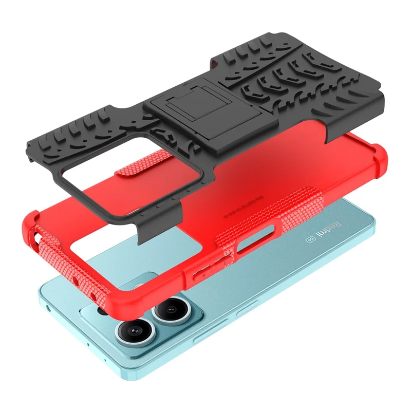 For Xiaomi Redmi Note 13 5G Tyre Pattern Case Kickstand PC+TPU Non-slip Phone Cover - Red