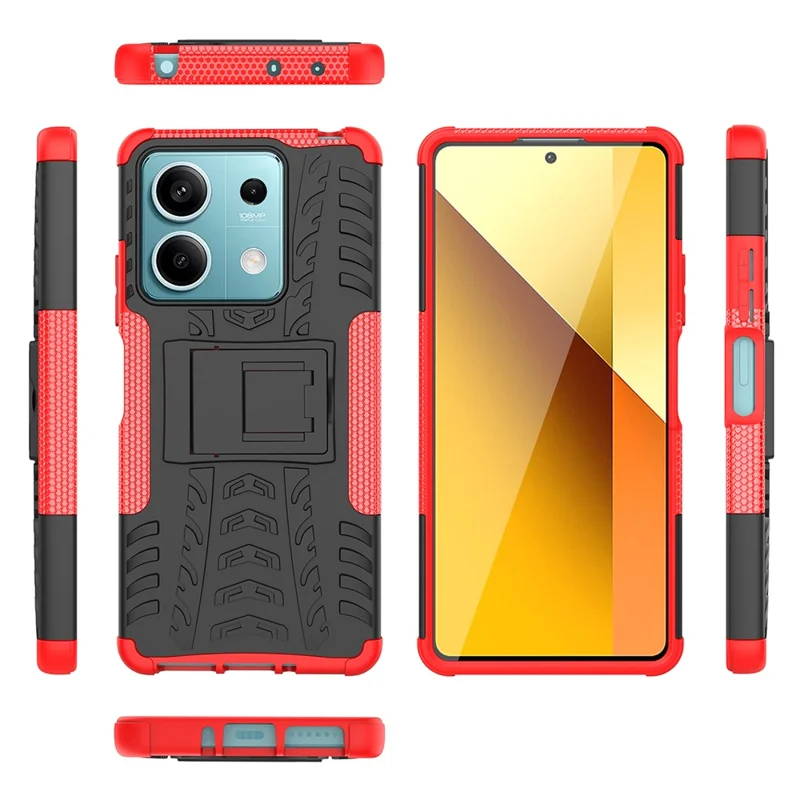 For Xiaomi Redmi Note 13 5G Tyre Pattern Case Kickstand PC+TPU Non-slip Phone Cover - Red