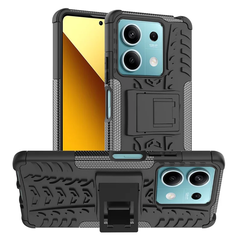 For Xiaomi Redmi Note 13 5G Tyre Pattern Case Kickstand PC+TPU Non-slip Phone Cover - Black