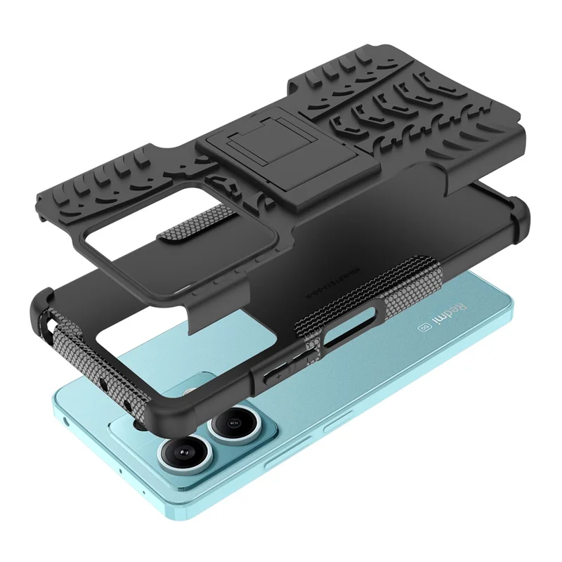 For Xiaomi Redmi Note 13 5G Tyre Pattern Case Kickstand PC+TPU Non-slip Phone Cover - Black
