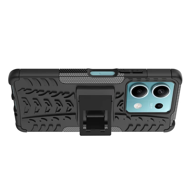 For Xiaomi Redmi Note 13 5G Tyre Pattern Case Kickstand PC+TPU Non-slip Phone Cover - Black