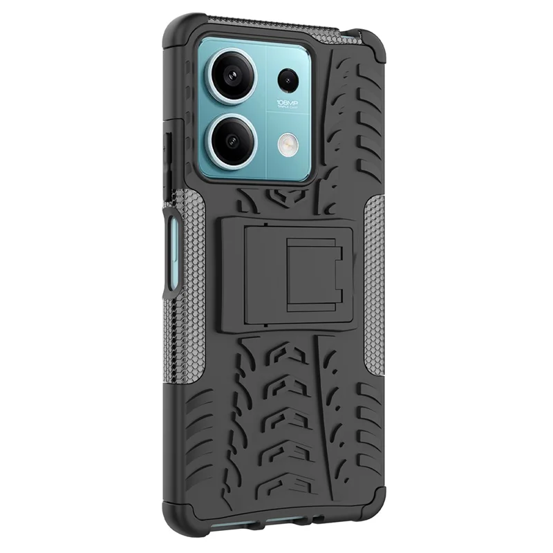 For Xiaomi Redmi Note 13 5G Tyre Pattern Case Kickstand PC+TPU Non-slip Phone Cover - Black