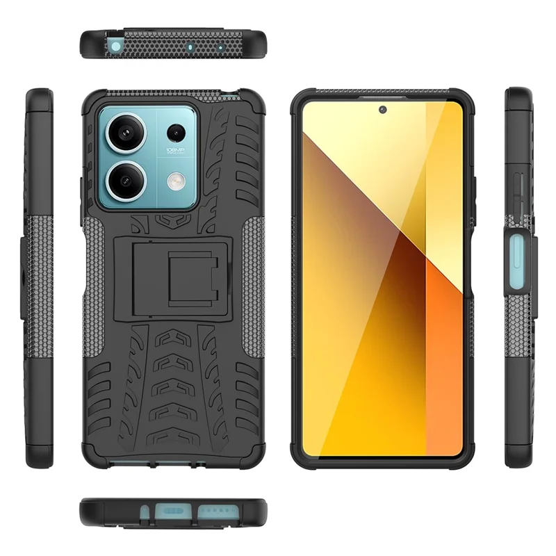 For Xiaomi Redmi Note 13 5G Tyre Pattern Case Kickstand PC+TPU Non-slip Phone Cover - Black