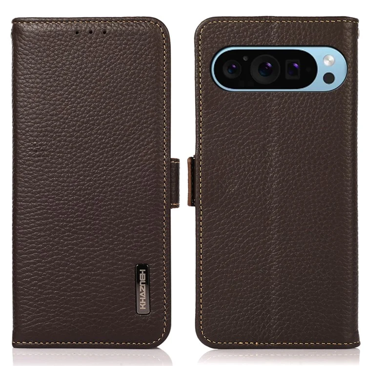 KHAZNEH für Google Pixel 9 / Pixel 9 Pro Case Genuine Cow Leather RFID-blockierende Handyhülle - Braun