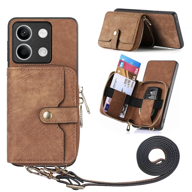 D3 for Xiaomi Redmi Note 13 5G Case Retro Leather Zipper Pocket Back Cover with Lanyard - Brown