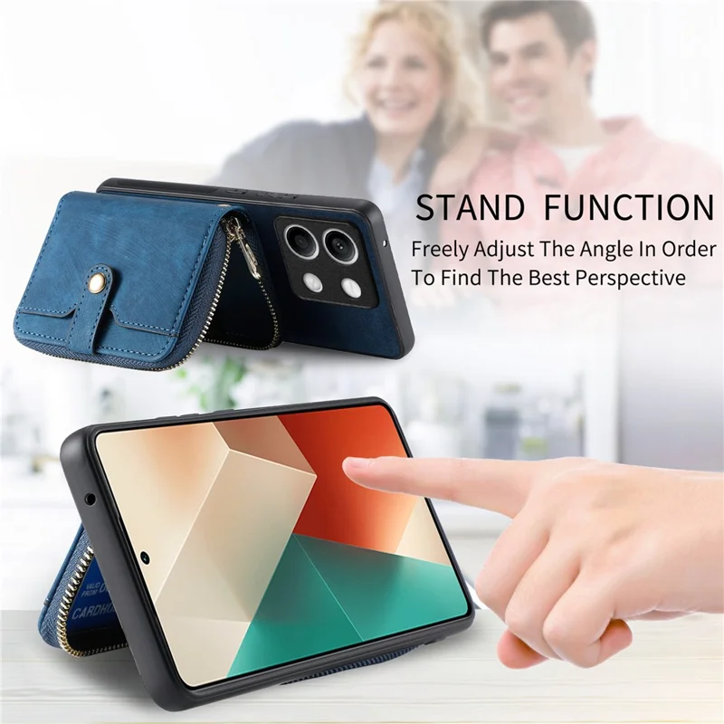 D3 for Xiaomi Redmi Note 13 5G Case Retro Leather Zipper Pocket Back Cover with Lanyard - Brown