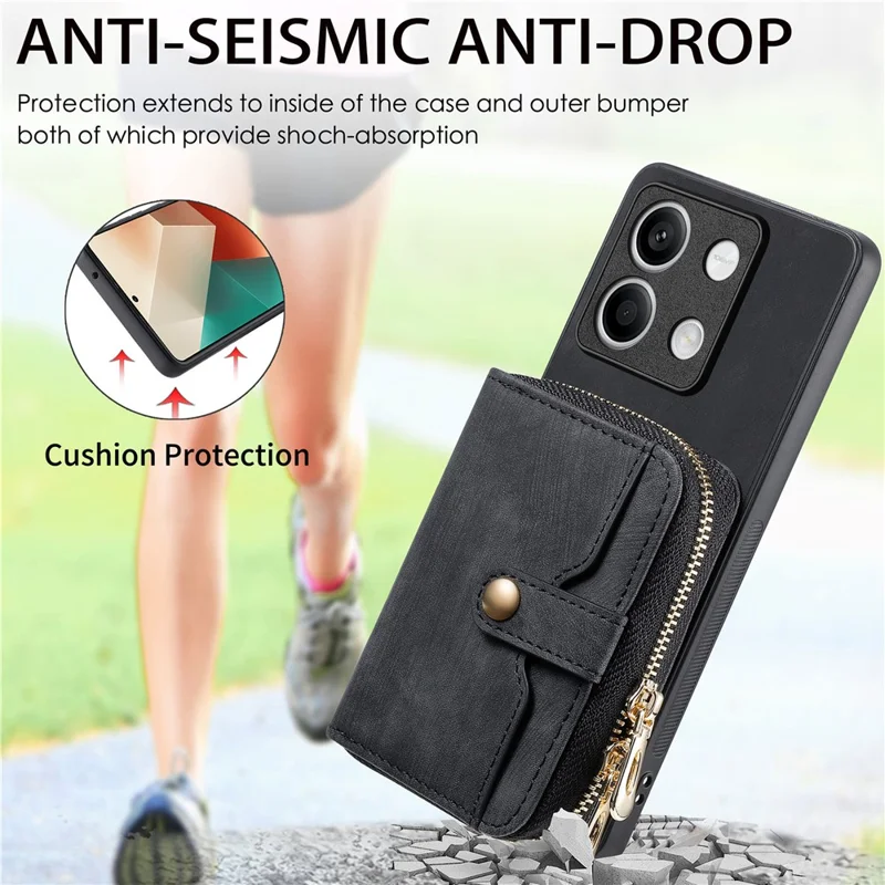 D3 for Xiaomi Redmi Note 13 5G Case Retro Leather Zipper Pocket Back Cover with Lanyard - Brown