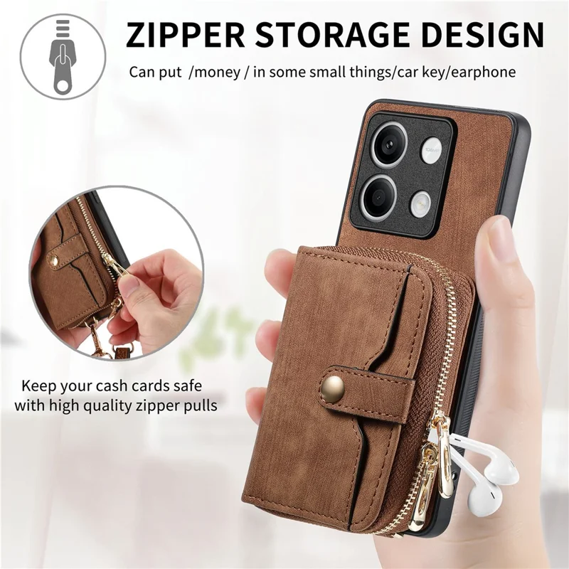 D3 for Xiaomi Redmi Note 13 5G Case Retro Leather Zipper Pocket Back Cover with Lanyard - Brown