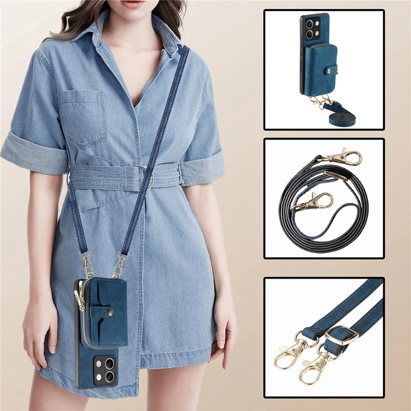 D3 for Xiaomi Redmi Note 13 5G Case Retro Leather Zipper Pocket Back Cover with Lanyard - Brown