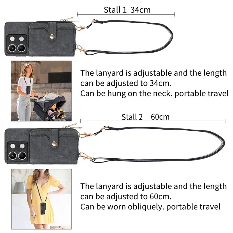 D3 for Xiaomi Redmi Note 13 5G Case Retro Leather Zipper Pocket Back Cover with Lanyard - Brown