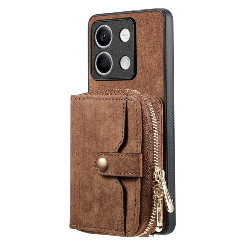 D3 for Xiaomi Redmi Note 13 5G Case Retro Leather Zipper Pocket Back Cover with Lanyard - Brown