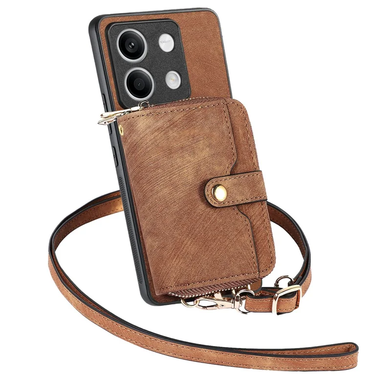 D3 for Xiaomi Redmi Note 13 5G Case Retro Leather Zipper Pocket Back Cover with Lanyard - Brown