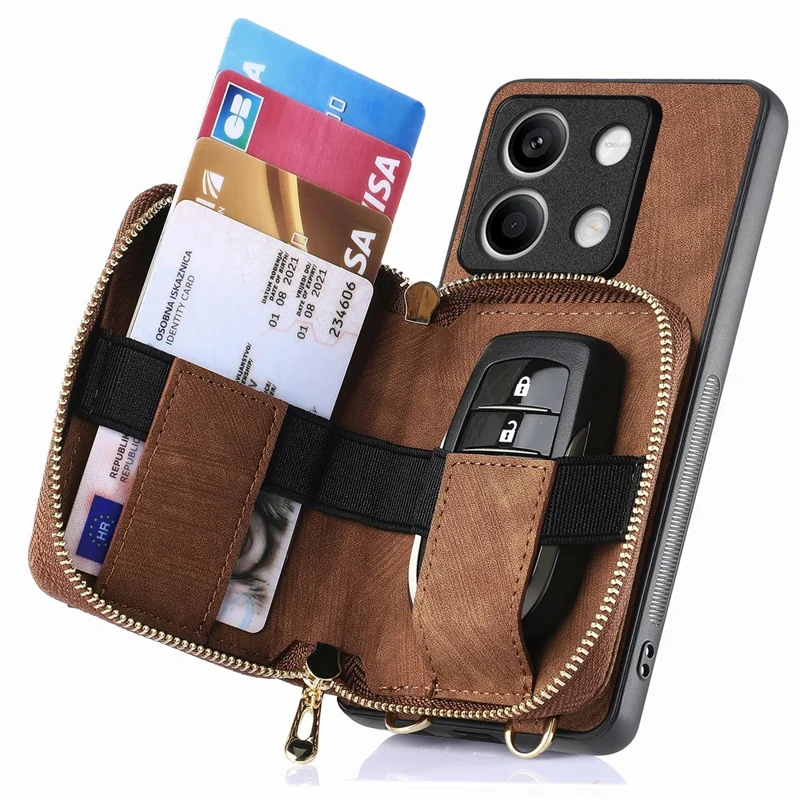 D3 for Xiaomi Redmi Note 13 5G Case Retro Leather Zipper Pocket Back Cover with Lanyard - Brown