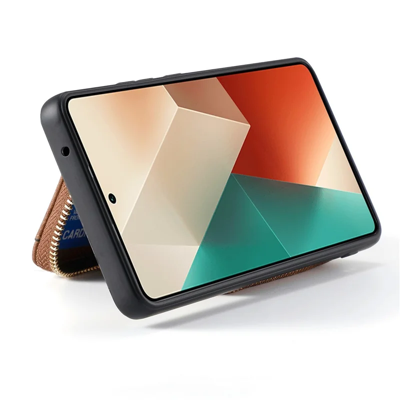 D3 for Xiaomi Redmi Note 13 5G Case Retro Leather Zipper Pocket Back Cover with Lanyard - Brown