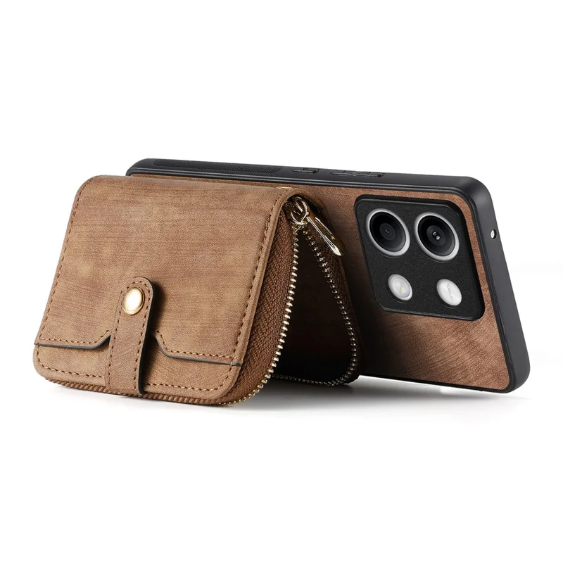 D3 for Xiaomi Redmi Note 13 5G Case Retro Leather Zipper Pocket Back Cover with Lanyard - Brown