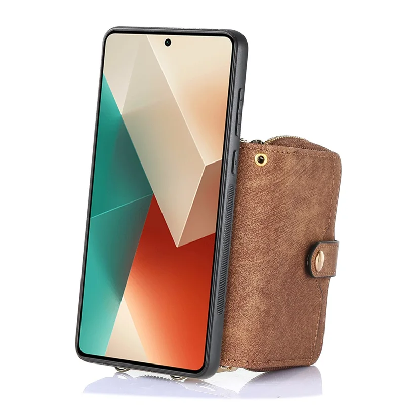 D3 for Xiaomi Redmi Note 13 5G Case Retro Leather Zipper Pocket Back Cover with Lanyard - Brown