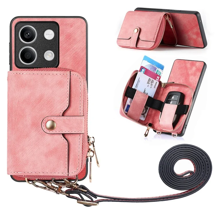 D3 for Xiaomi Redmi Note 13 5G Case Retro Leather Zipper Pocket Back Cover with Lanyard - Rose Pink