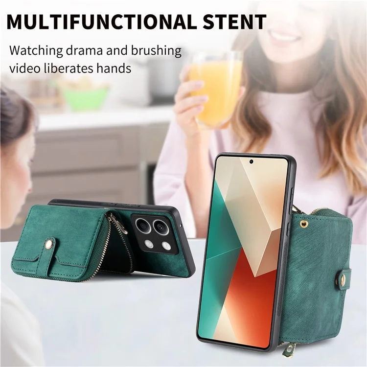 D3 for Xiaomi Redmi Note 13 5G Case Retro Leather Zipper Pocket Back Cover with Lanyard - Rose Pink