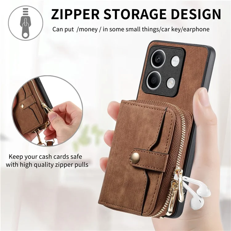 D3 for Xiaomi Redmi Note 13 5G Case Retro Leather Zipper Pocket Back Cover with Lanyard - Rose Pink