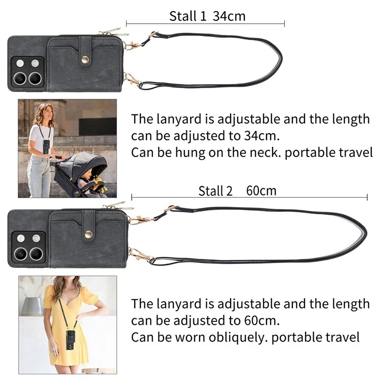 D3 for Xiaomi Redmi Note 13 5G Case Retro Leather Zipper Pocket Back Cover with Lanyard - Rose Pink