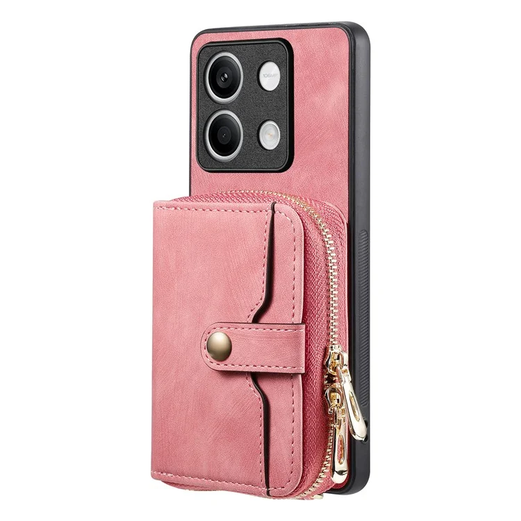 D3 for Xiaomi Redmi Note 13 5G Case Retro Leather Zipper Pocket Back Cover with Lanyard - Rose Pink