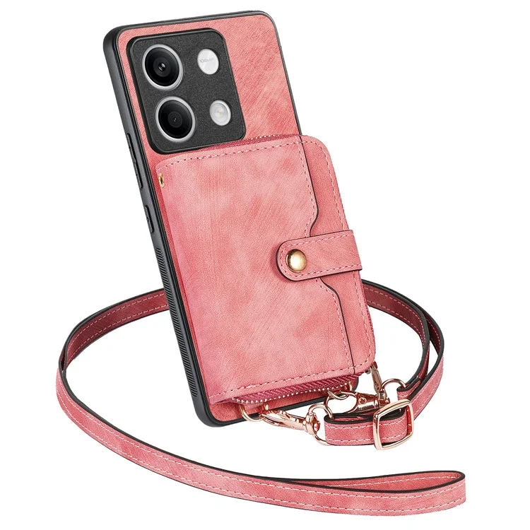 D3 for Xiaomi Redmi Note 13 5G Case Retro Leather Zipper Pocket Back Cover with Lanyard - Rose Pink