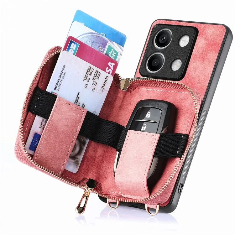 D3 for Xiaomi Redmi Note 13 5G Case Retro Leather Zipper Pocket Back Cover with Lanyard - Rose Pink