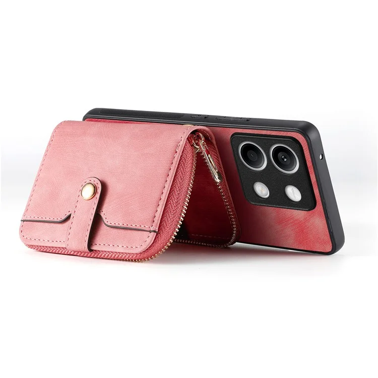 D3 for Xiaomi Redmi Note 13 5G Case Retro Leather Zipper Pocket Back Cover with Lanyard - Rose Pink