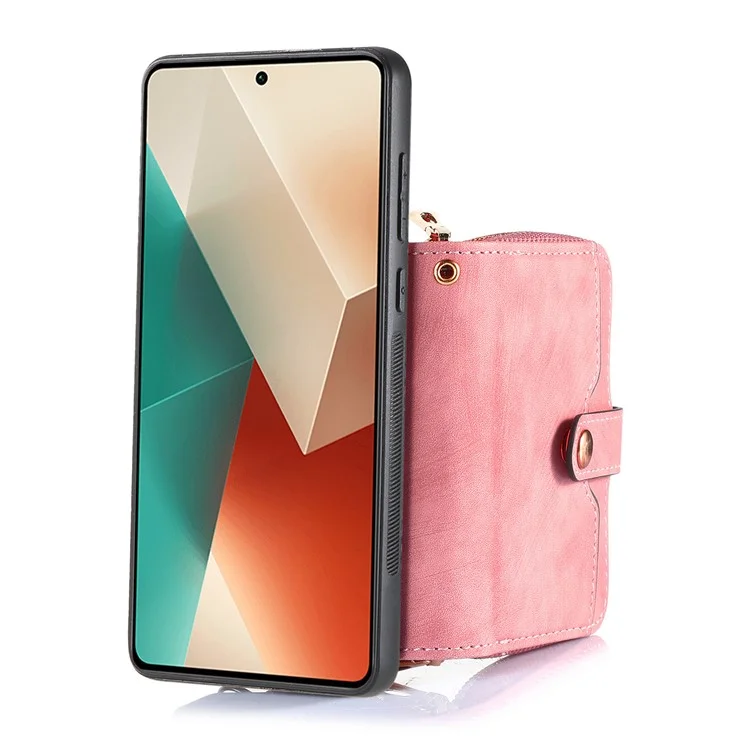 D3 for Xiaomi Redmi Note 13 5G Case Retro Leather Zipper Pocket Back Cover with Lanyard - Rose Pink