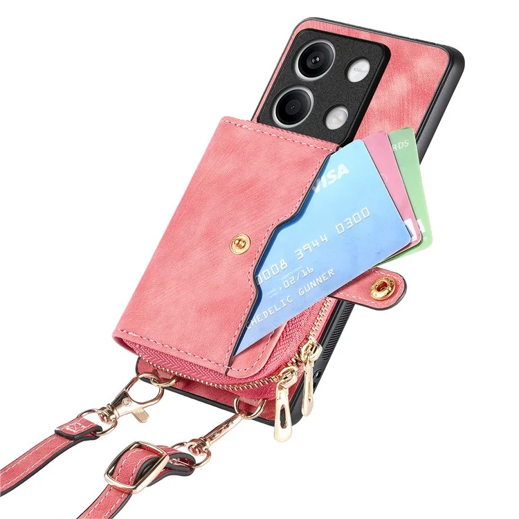 D3 for Xiaomi Redmi Note 13 5G Case Retro Leather Zipper Pocket Back Cover with Lanyard - Rose Pink